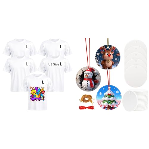 Joyclub Bundle of 5 Pack Sublimation Blanks Bulk Wholesale White Polyester T Shirts and 25 PCS 3'' Ceramic Sublimation Christmas Ornaments