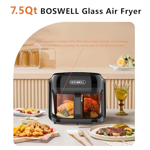 Image of BOSWELL Glass Air Fryer, 7.5QT with Transparent Fry Bowl, Circulating Heating, Temperature Control, Air Fryer Roast, Dishwasher Safe