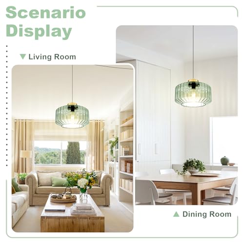 Image of Mint Green Plug in Pendant Light, Adjustable Hanging Light with Plug in Cord On /Off Switch, Striped Glass Chandelier for Bedroom, Kitchen Island, Dining Room