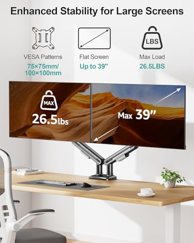 Image of MOUNT PRO Dual Monitor Desk Mount, Pneumatic Monitor Arms for 2 Monitors Max 39 Inches, Adjustable Dual Computer Monitor Stand Each Arm Holds up to 26.5lbs, VESA Mount with C Clamp & Grommet Base