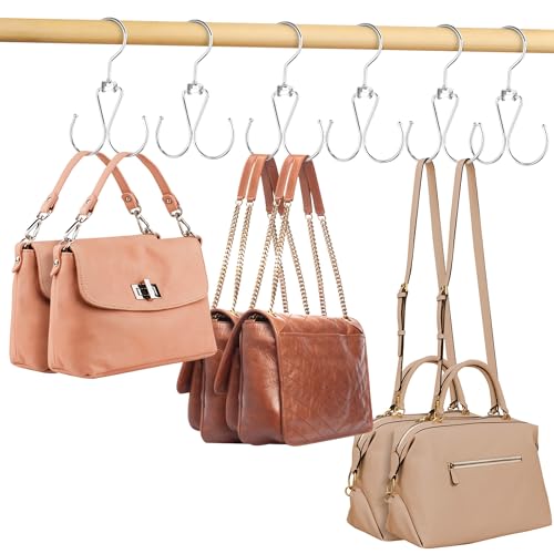 ZEDODIER 6 Pack Purse Hanger Bag Organizer for Closet, Heavy Duty Rotatable Purse Holder with 12 Storage Capacity, Bag Storage Rack for Purses Bags Backpacks, Silver