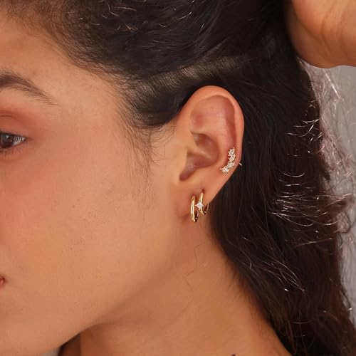 Image of Gold Earrings for Women, 14k Gold Plated Dangle Huggie Earrings for Women Trendy Dainty Gold Hoop Earring Stacks Hypoallergenic Pearl Chain Drop Cartilage Earring Fashion Womens Jewelry