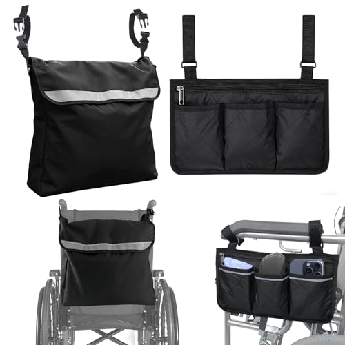 LEIMEND 2 Stück Rollstuhl Tasche Rollstuhltasche Hinten und Rollstuhltasche Armlehne Tasche für Rollator Rollstuhl Zubehör für die meisten Rollstühle Rollatoren Schwarz