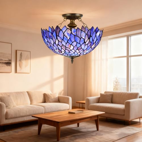 Ceiling Light Fixture Stained Glass Lamp 16X15 Inch Semi Flush Mount Lamp Chandelier for Home(Purple Wisteria Style) by MOAN - Used condition - Image 5