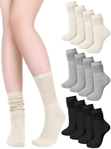 Image of Fourluoo 6 Pack Women Cotton Slouch Socks Casual Scrunch Stacked Sock Stretchy Boot Crew Calf Socks for Women
