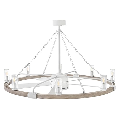 Hinkley Sawyer 52" LED Smart Fandelier, Rustic Style, Clear Seedy Glass, Matte White Blades, Matte White Finish with Weathered Wood Accent