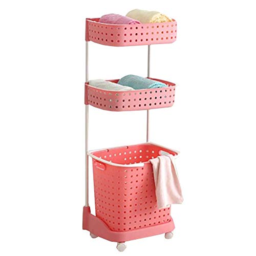 HJRD Karren, Haushaltsdienste Karren Haus 3 Stufen Wäscherei Korbwagen Wagen Auf Rädern, Plastik Wäschereikorb Für Schmutzige Kleidung Spielzeug/Rosa/45 * 35 * 109 cm Cover