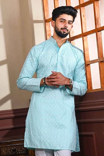 Image of ALMORA Men's Embroidered with Thread Work and Cotton Blend Only Slim Fit Kurta for Men