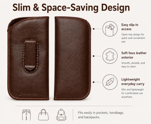 Image of Calabria Slim Faux Leather Eyeglass Case Soft Slip-In Design [Brown - 12 Pack] | Compact Protective Pouch | Soft Case for Glasses | Lightweight Sunglass Storage