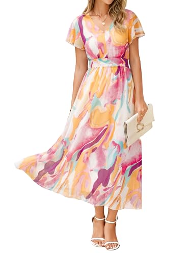 Simplee Womens Floral Maxi Dress - Short Sleeve Summer Boho Wedding Guest Dress Empire Waist Chiffon Modest Midi Dresses Pink,M