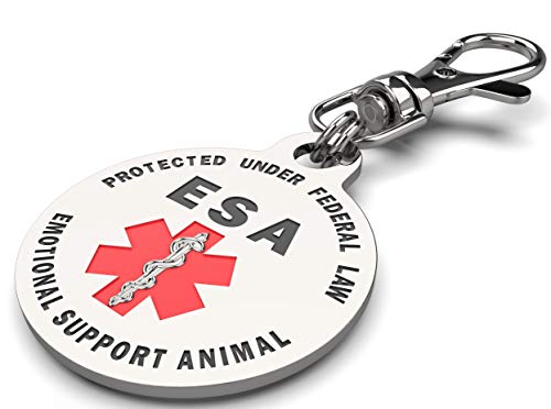 DOUBLE SIDED Emotional Support Animal (ESA) Red Medical Alert Symbol and Protected by Federal Law 1.25 inch ID Tag. QUICK RELEASE metal lobster clamp allowing you to switch between collars and vest.