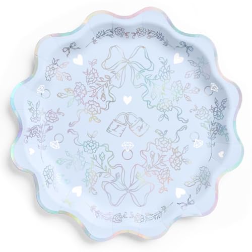 xo, Fetti Something Blue Wavy Plates, Blue + Iridescent Foil - 25 pcs | Bachelorette Decorations, Engagement Party, Bridal Shower Setting, Disposable Tableware, Bride To Be Dinner