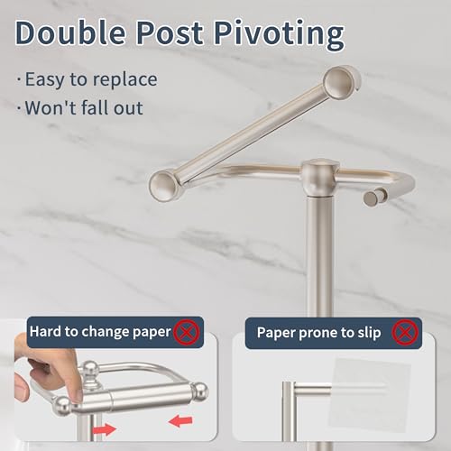 Image of RARXTR Toilet Paper Holder Stand, Post Pivoting Design Free Standing Toilet Paper Holder with Storage for 4 Rolls, SUS304 Stainless Steel Tissue Holder with Reserve, Heavy-Duty Base (Brushed Nickel)
