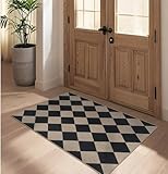 Rugalia Easy Jute Checkered Entryway Rug, 2.6x4 Black Modern Indoor Outdoor Doormat, Washable Non-Slip Neutral Kitchen Rug Farmhouse Diamond Throw Rugs for Entrance Bedroom Bathroom