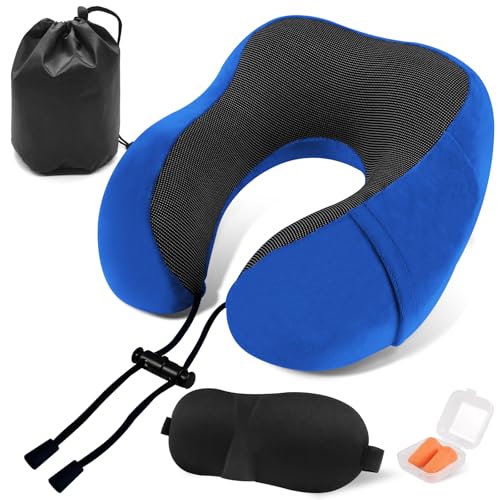 ARTREE Almohada de Viaje Cuello, Comfy Almohada Avion Viscoelastica de Espuma Memoria, Cojin Cuello Viaje con Máscara de Ojos, Tapones y Bolsa, Cojin Cervical Viaje para Tren Coche Viajando
