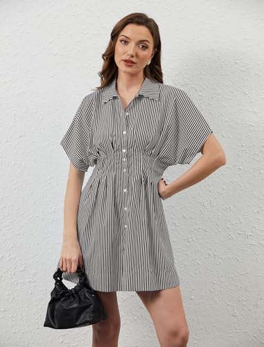 Image of calbatic Women Button Down Pleated Shirt Dress Striped Short Sleeve Summer Casual Business Flowy Mini Short Dress