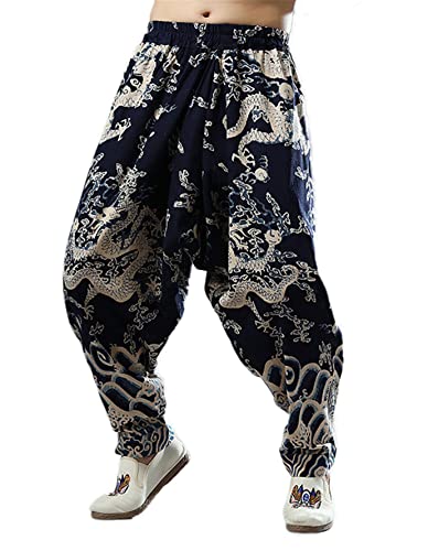 Men`s Chinese Traditional Dragon Baggy Harem Pants Trousers