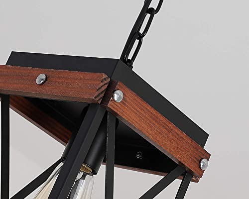Fivess Lighting Rustic Farmhouse Pendant Light With Wood And Metal Cage, One-Light Adjustable Chains Industrial Mini Pendant Lighting Fixture For Kitchen Island Cafe Bar, Black #TOP5