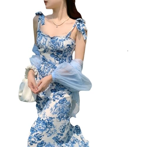 Robe fleurie de style français à fines bretelles et bas queue de poisson fluide