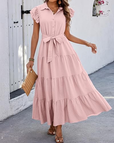 dowerme Women's Summer Dresses 2025 Cap Sleeve Button V Neck Tie Waist Pleated Tiered Loose Fit Boho Flowy Shirt Dress(Pink,Large) — view 6