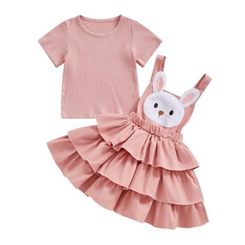 BeQeuewll Toddler Girl Easter Outfit Bunny Dress Solid Shirt Ruffle Tutu Skirt Kids Girls Overalls Dress 18M 2T 3T 4T 5T 6Y (Pink, 5-6 Years)