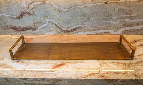 24” Long Brass Finish Metal Serving Tray – Rectangular Handcrafted Aluminum Tray for Kitchen Counter, Bar Setup, Console Table, or Home Décor – Modern Luxe Organizer with Side Handles
