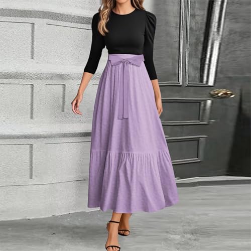 Summer Dresses for Women 2025 Floral Print 3/4 Sleeve Maxi Dress Elegant Patchwork Dress with Belt2