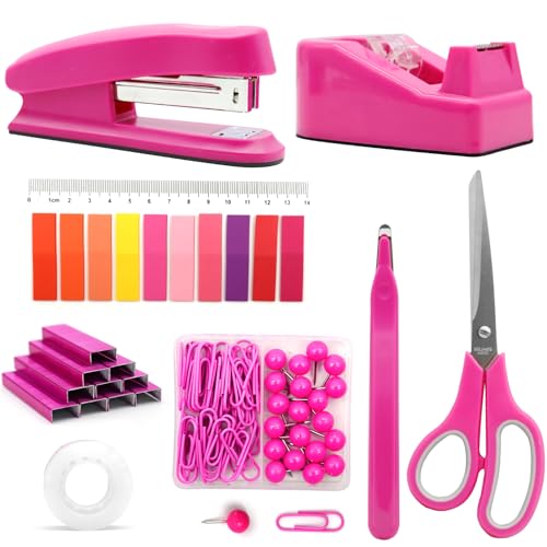 Hot Pink Desk Accessories Set - Stapler and Tape Dispenser Kit, Office Supplies Gift for Students, Women, Coworkers, Boss Lady, Office Clerks