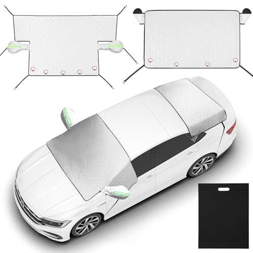 Datanly 2-Piece Car Windshield Cover Set - All-Weather Front & Rear Protection with Magnetic Edges and Side Mirror Covers for Cars, Trucks, SUVs - Fits Most Vehicles (with Front Door Handle,Silver)