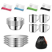 29 Pcs Stainless Steel Cutlery Camping Cutlery Set with Camping Bowls Plates Cups Forks Spoons and Knives for Camping 4 People.Travel Cutlery Set for Backpacking,Outdoor Camping Hiking and Picnic