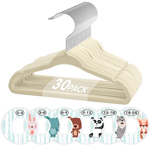 VIS'V Baby Hangers, 11 Inch Beige Velvet Kids Hangers with 6 Pcs Size Dividers Non Slip Nursery Children Closet Clothes Hangers for Infant Toddler Girls and Boys 30 Pcs