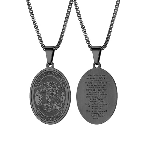PROSTEEL Saint St Christopher/Benedict/Michael Medal Necklace for Men, 316L Stainless Steel Protection Necklace Catholic Jewelry, 22"-24" Adjustable, Come with Box Black 2. Saint Michael-Ova