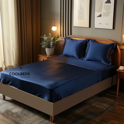 Image of COOLBEDS Satin Bedsheet for Single Bed Elastic Fitted - Bedsheet for Single Bed - Single Bedsheet with 2 Pillow Covers - Satin Bedsheet - Elastic Bedsheet - 400 Thread Count - 190 x 96 cms (Navy Blue)