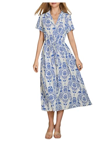 Image of Milumia Women's Floral Print Button Short Sleeve Midi Dress Drawstring Waist Summer Dresses