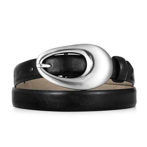 Black Belt Women Synthetic Leather Waist Belt with Shiny Silver