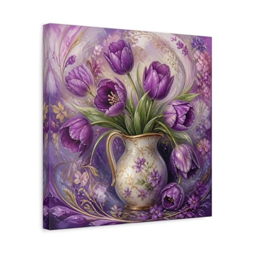 Tableau moderne tulipes violettes déco murale salon carré