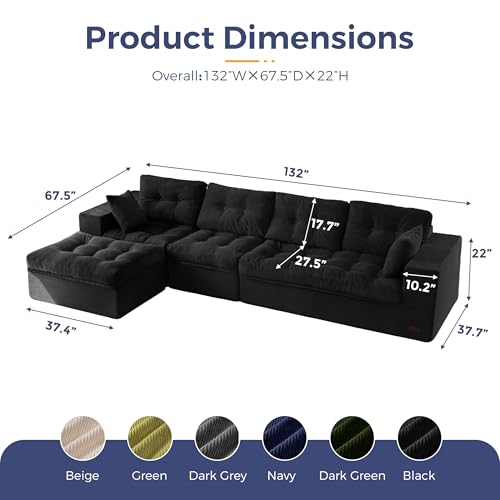 Image of MAXYOYO 132 inch L Shaped Modular Sectional Sofa with Ottoman, Cloud Boneless Couch with Layered Cushion, Upholstered Sofa in a Box, Flexible Module Combination for Living Room, No Assembly, Black