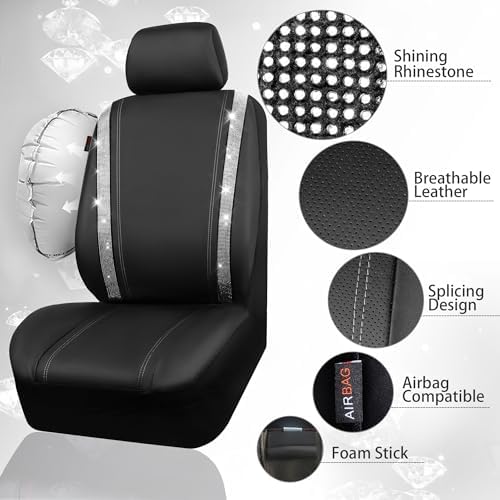 CAR PASS Bling Car Seat Covers Full Set,Shining Rhinestone Diamond Faux Leather,Rear with Zipper,Universal Fit 95% Automotive Glitter Crystal Sparkle Strips for Cute Women Girl,Black Silver - 2