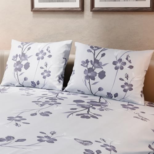 Image of BLISSHOME SoftTouch 140TC Cotton King Size Printed Bedsheet with 2 Pillow Covers for Double Bed, Silky Smooth Bedding Set, Breathable, Easy Maintain, Floral Print - Violet