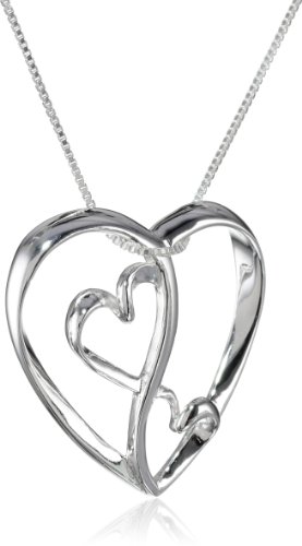 Amazon Collection Sterling Silver Two Open Hearts Inside Larger Heart Pendant Necklace, 18