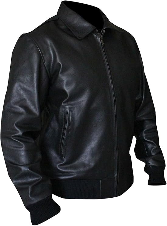 Mens Black Happy Arthur Fonzie Vintage Classic Genuine Bomber Leather Ribbed Biker Jacket2