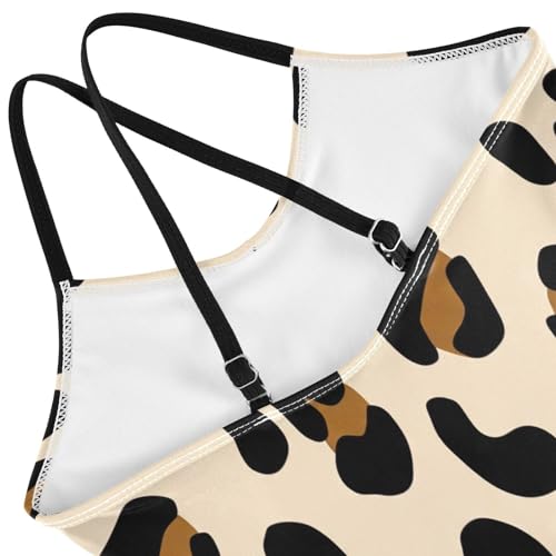 Leopard Print Light Beige Girls' One Piece Halter Swimsuit, Summer Beach Apparel, 3-104