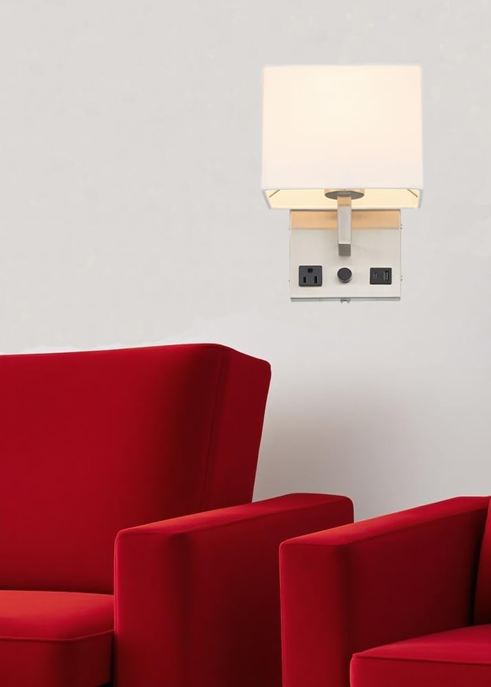 HomeFocus Wall Light,Wall Lamp,Wall Sconces,Dimmable Wall Light with Outlet and Dual USB Charging Ports,Bedside Wall Light,Wall Lamp for Bedroom,Living Room,Metal,Satin Nickel.
