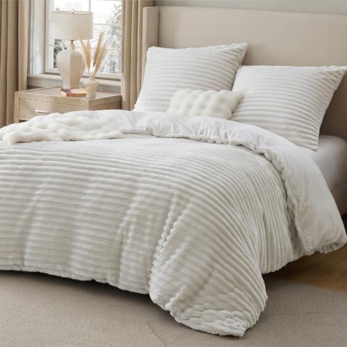 BEDSURE Flanell Bettwäsche 155x220 3teilig Weiß | Rippen-Flanell Bettwäsche Set, 300g/m², flauschig warm, mit Reißverschluss, ÖKO-TEX, ideal für Winter