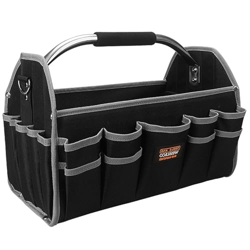 Open Tool Bag,Tool Tote Bag, Electrician Open Top Pocket,Material Tool Carrier,Large Capacity Pocket,with Steel Handle, Wide Mouth Electrician Tool Tote,Steel Handle and Shoulder Strap