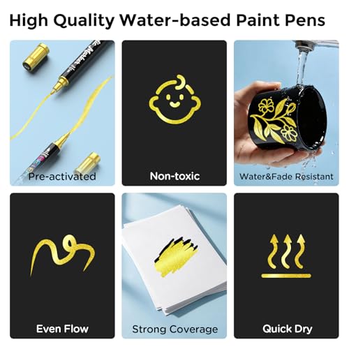Image of Betem 2 Gold Metallic Paint Markers for Glass, Dual Tip Acrylic Paint Pen