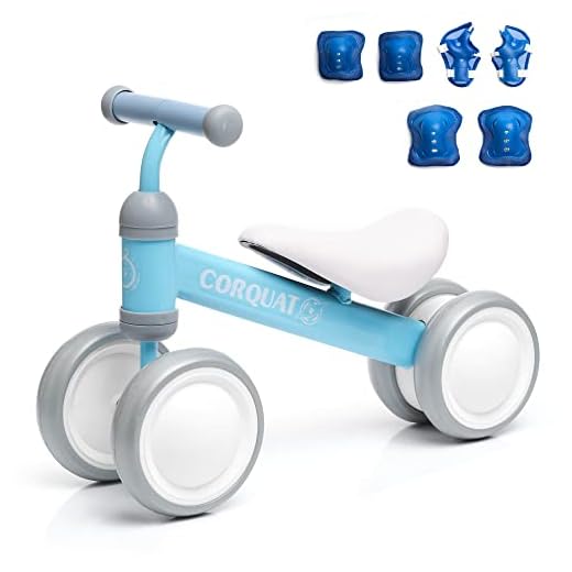 CORQUAT Pack correpasillos Bebe 1 año con Rodilleras y Coderas, Juguetes niños, Triciclo, Bicicleta sin Pedales, Andador Perfecto para Regalo (Celeste)