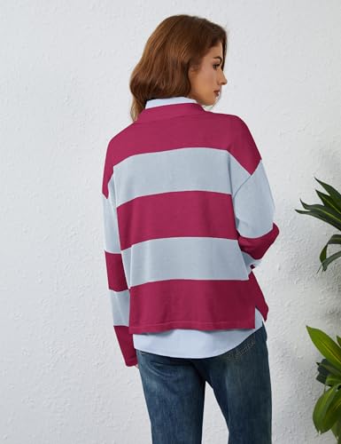 Image of Womens Striped Sweater Rugby Polo Shirts Y2k Collar Pullover Tops | Rugby Shirt,Long Sleeve Knit Top,Lapel V Neck Jumper,Oversized,Casual Outings Streetwear,Preppy Sweater,Fall Winter Clothes