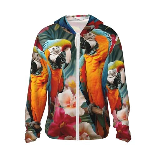 UPF 50+ Sun Protection Hoodie Long Sleeve Tropical plants and parrots Sun Shirt Rash Guard Fishing Shirts for Men