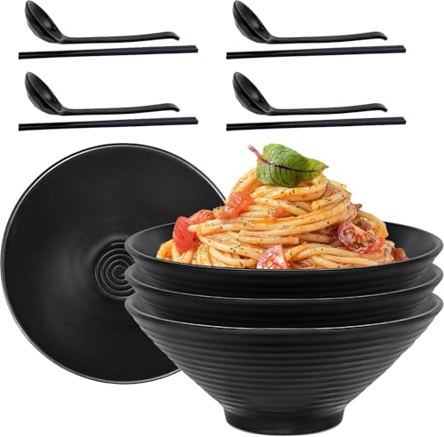Ramen Bowls Set of 4, 1200ml Japanese Ramen Soup Bowl Set with Chopsticks & Spoons, Melamine Unbreakable Japanese Noodles Bowl for Salad Cereal Rice Pho, Dishwasher Safe (Black)